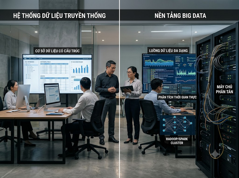 Big Data và dữ liệu truyền thống khác nhau về quy mô và công nghệ ra sao?