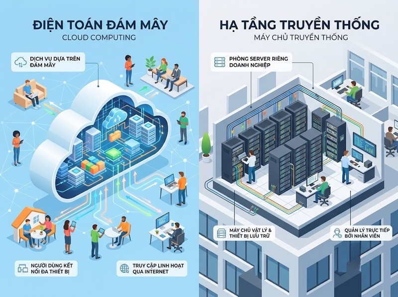 Cloud Computing và máy chủ truyền thống khác nhau về chi phí, quản trị, mở rộng