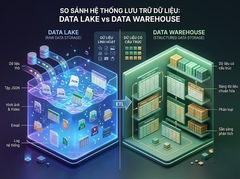 Data Lake và Data Warehouse khác nhau về cấu trúc, mục đích, người dùng