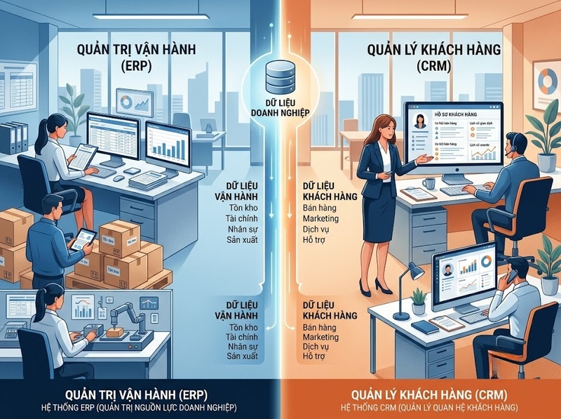 ERP và CRM khác nhau về dữ liệu, quy trình và đối tượng quản lý
