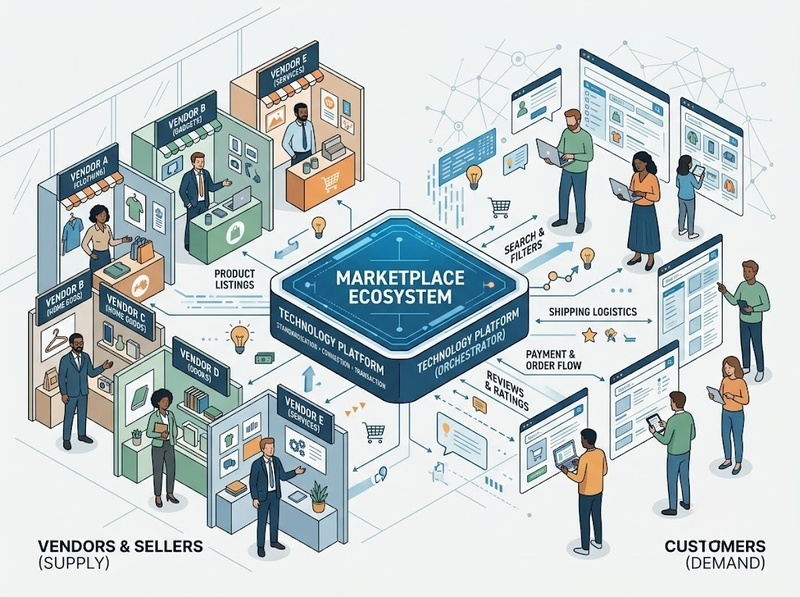 Tìm hiểu mô hình Marketplace qua giao dịch, mạng lưới và nguồn doanh thu