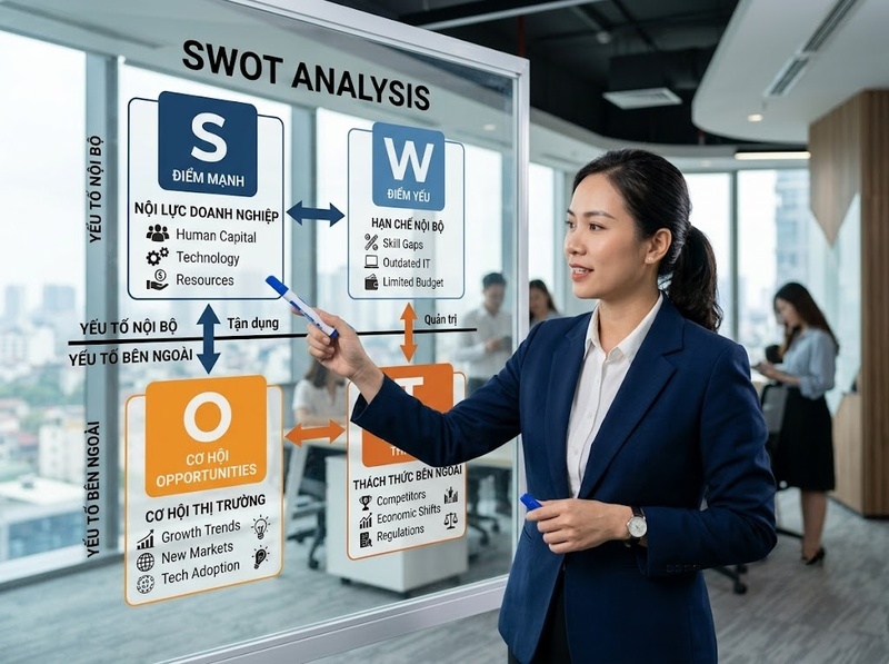 Phân tích SWOT giúp nhận diện điểm mạnh, điểm yếu, cơ hội và thách thức