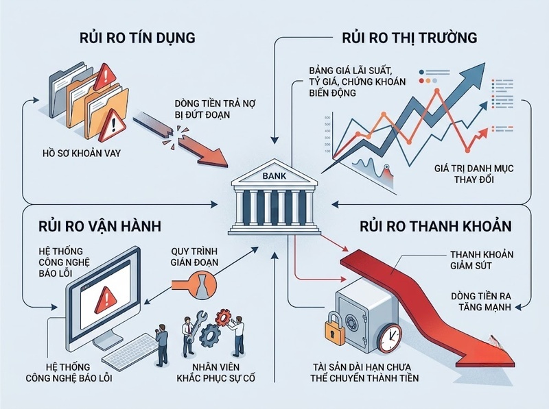 Rủi ro trong hoạt động ngân hàng về tín dụng, thanh khoản, thị trường, vận hành