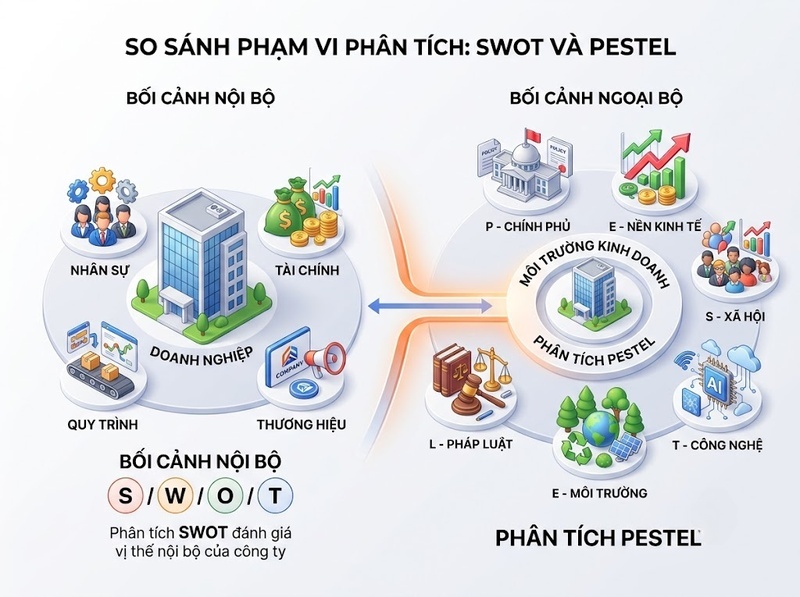 SWOT và PESTEL khác nhau về đối tượng, dữ liệu và mục đích sử dụng